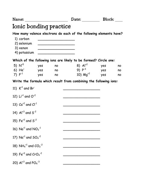 Bond the following atoms. . Ionic bonding review worksheet